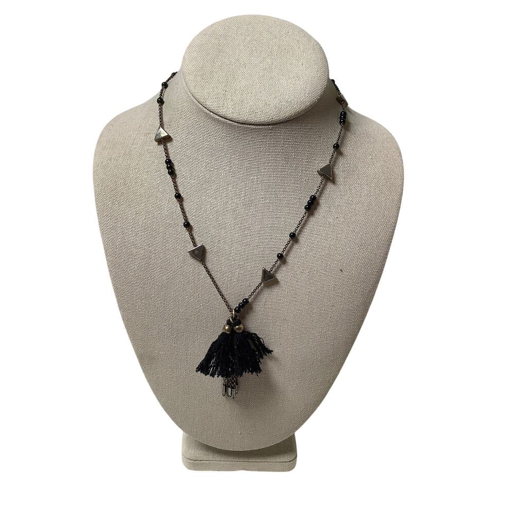 J Crew Silver Tone Geometric Beaded Black Tassel Pendant Necklace Boho C32-33